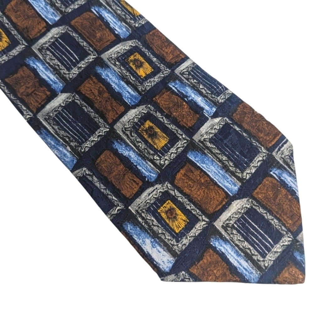 Elegant Navy Blue And Yellow Abstract Window Pane Silk Men's Tie